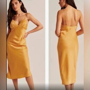 Abercrombie & Fitch Ruched Satin Slip Midi Dress Women’s SZ M in Dark Yellow
